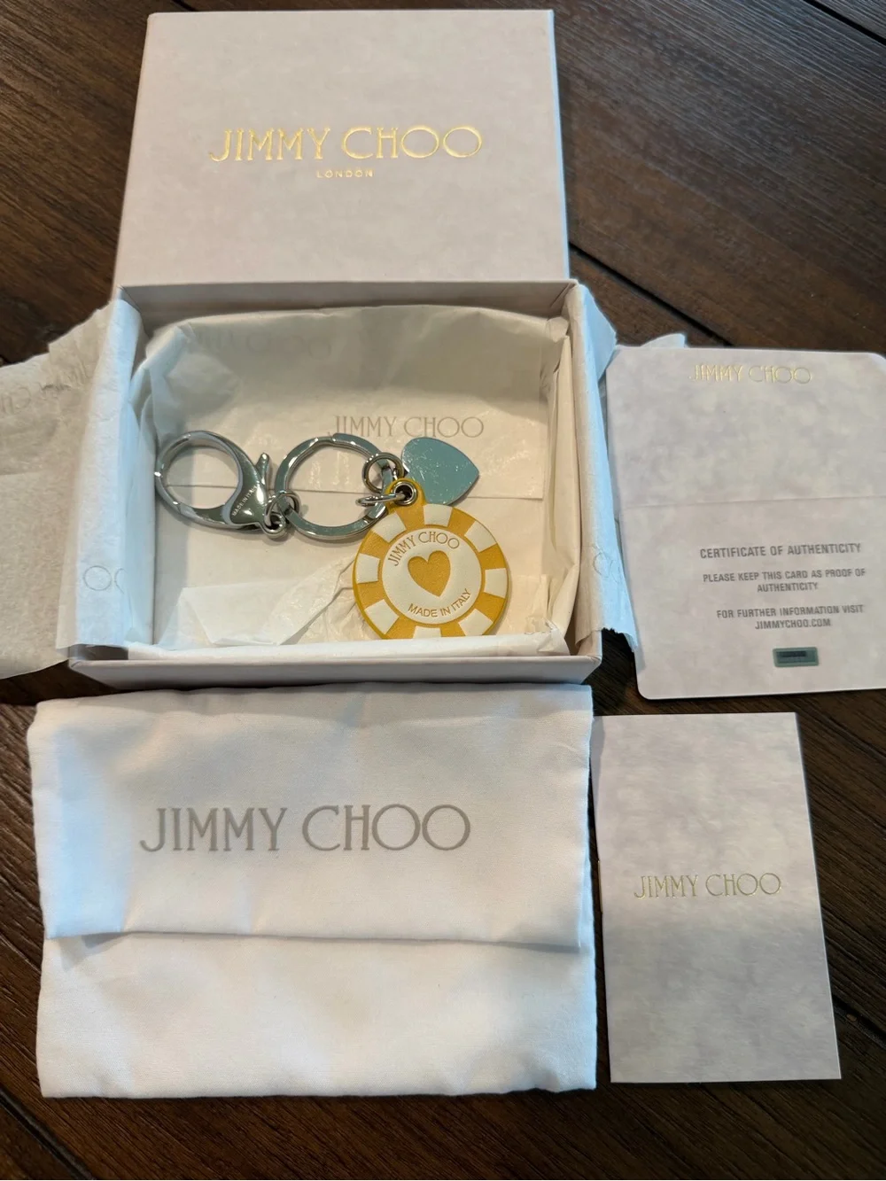 Jimmy Choo Yellow and White Poker Chip Heart Keyring with Silver Hardware